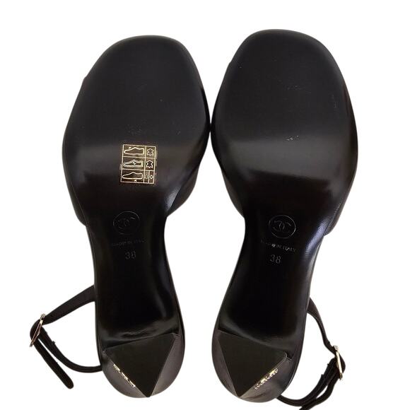 Chanel 24P CC Slingback Heel Sandal Size 38 US 7 7.5 Black Leather Block Heel - Picture 11 of 14